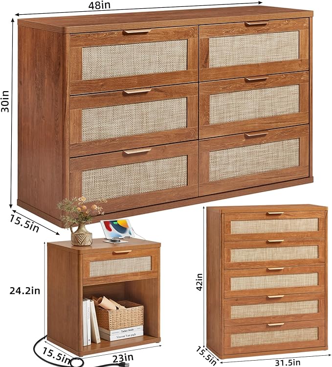 LEYAOYAO Rattan Dresser and Nightstand Set of 3, Boho Wood Dresser - Image 3