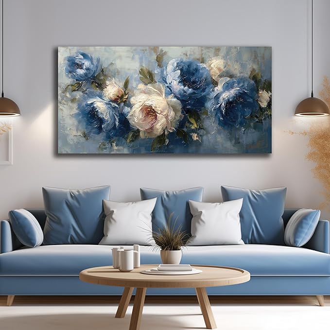 JuhaiArt Blue Wall Art Bedroom Large Flower Canvas Wall Decor Peony Floral - Image 3