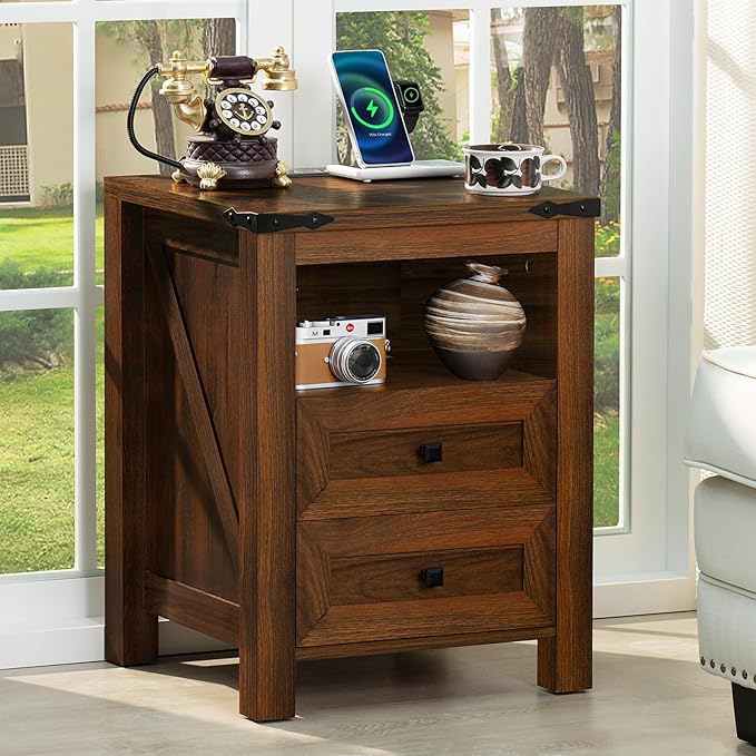 Joaxswe Nightstand with Charging Station and USB Port, Farmhouse Side End Table by Joaxswe