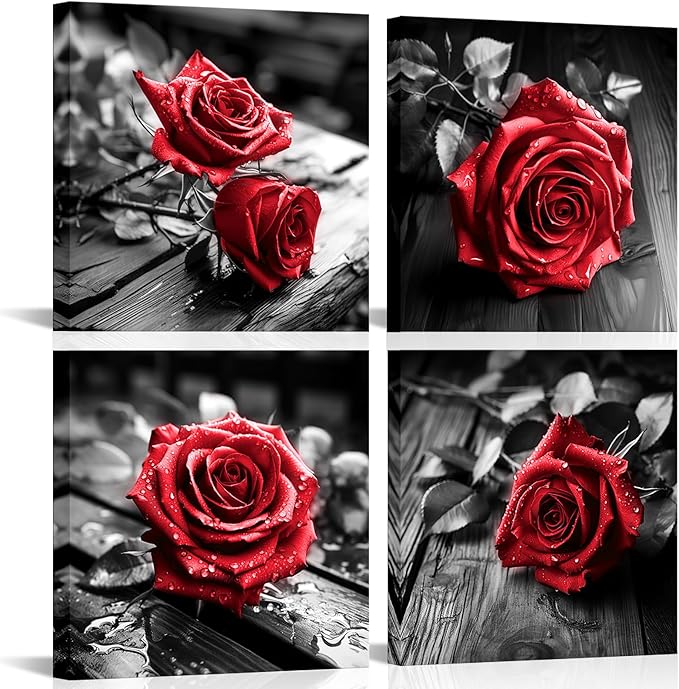 VANSEEING 4 Pieces Red and Black Rose Flower Canvas Wall Art Floral Pictures by VANSEEING