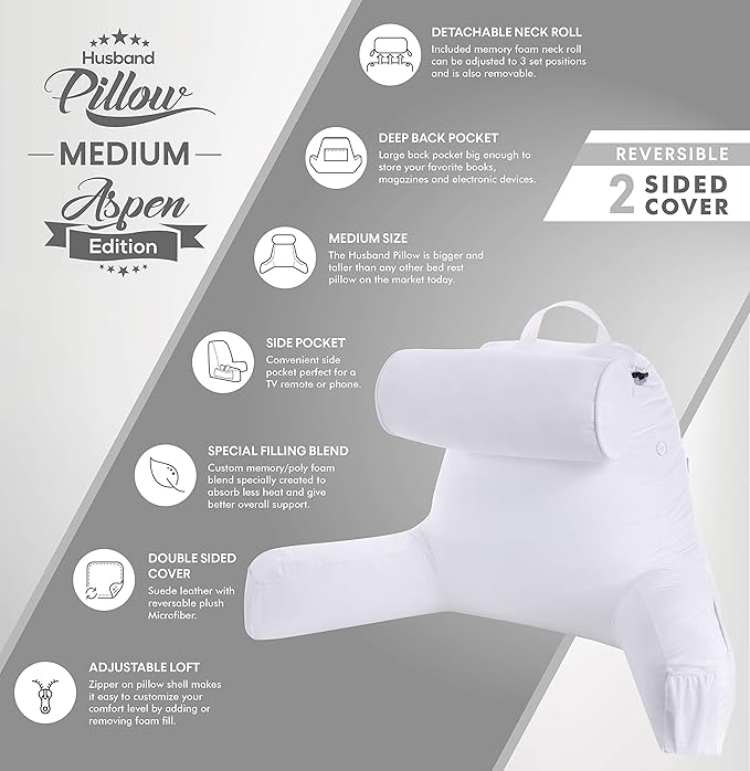 Husband Pillow Medium Aspen Edition White Dandelion, Sit Up Reading & Bed Rest - Image 3