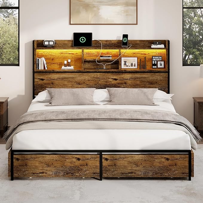 King Storage Bed Frame with 6 Drawers, USB Charging Station, No Noise, No Box - Image 9