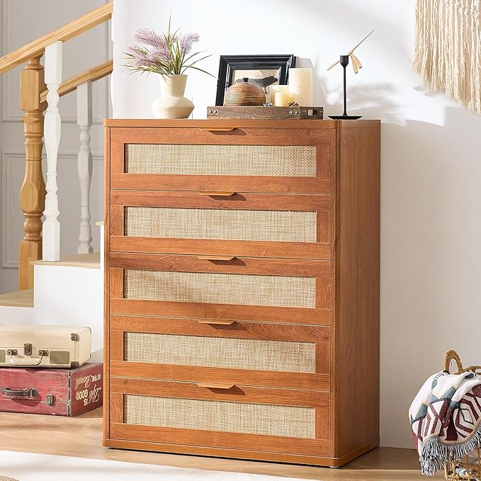 LEYAOYAO Dresser for Bedroom, Modern 5 Drawers Boho Rattan Dressers - Image 6