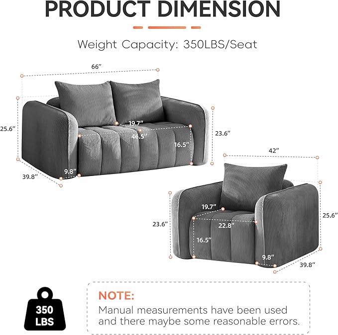 Corduroy Boneless Living Room Sets, Modern Upholstered Loveseat - Image 2