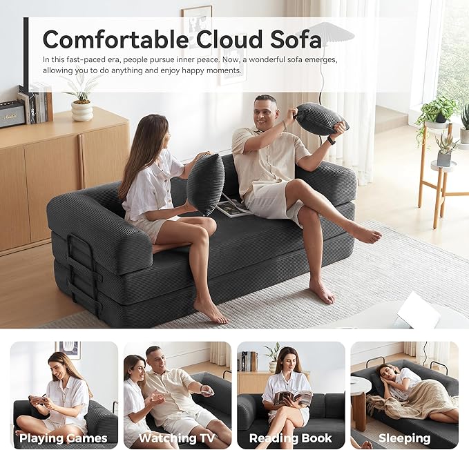 Convertible Sleeper Bed with 2 Cylindrical Pillow, Comfy Foldable Bed - Image 8
