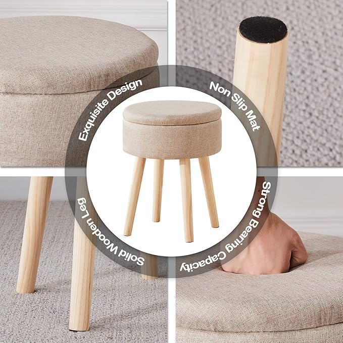 Mxfurhawa Storage Ottoman Linen Round Vanity Stool Tray Top Modern Foot Stool - Image 7
