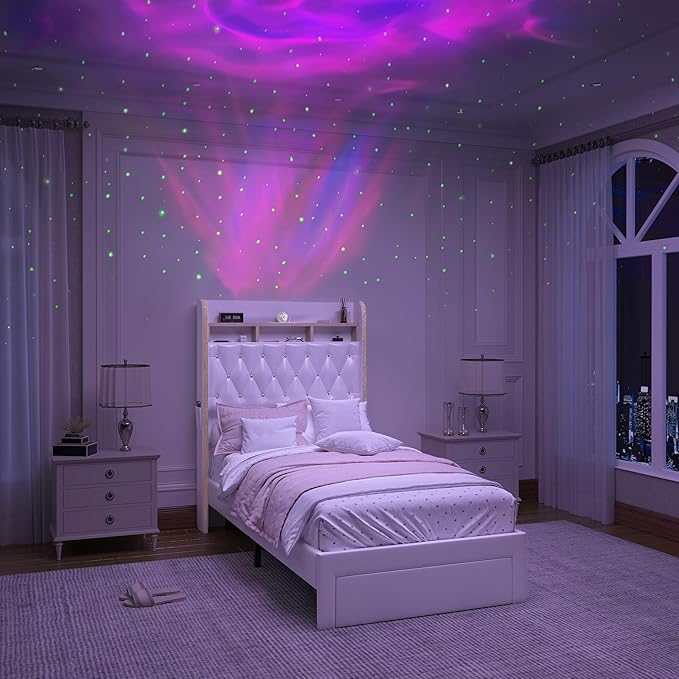 Twin LED Bed Frame with Storage Drawer, PU Upholstered Platform Beds with by SibedsFurniture