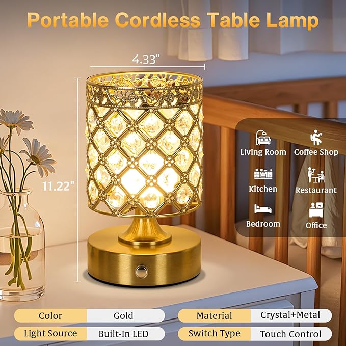 TOBUSA Gold Rechargeable Cordless Table Lamp, 6000mAh Crystal Battery Operated - Image 2