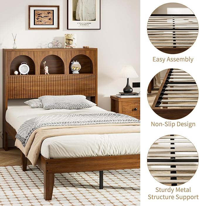 Twin Bed Frame with Wave Headboard, Wooden Headboard with 3 Arched Storage - Image 5
