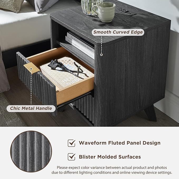 T4TREAM Fluted Nightstand with Charging Station, 2 Drawers End Table with - Image 5