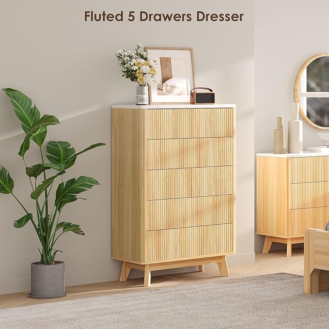 Fluted 5 Drawers Dresser for Bedroom, Curved Profile Design, Wood Drawer - Image 9