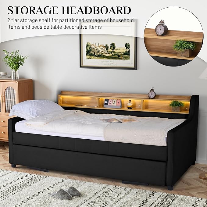 Twin Size Daybed with Pop Up Trundle Bed, Linen Fabric Upholstered Day Bed - Image 8