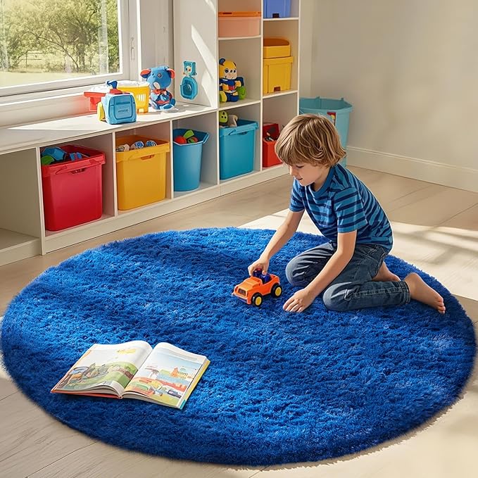 Ophanie Round Rug 7Ft Blue Circle Area Rug, Boys Room Decor, Fluffy Fuzzy - Image 3