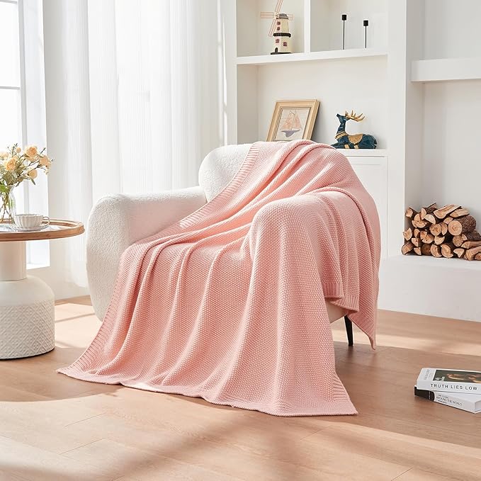 CozeCube Pink Throw Blanket for Couch, Soft Cozy Cable Knit Throw for Bed Sofa - Image 8
