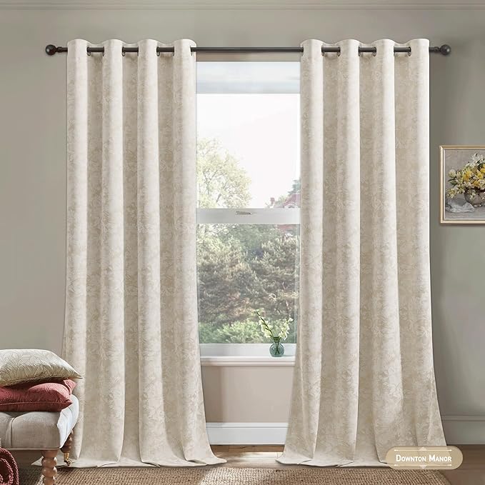 Beauoop Beige Floral Jacquard Blackout Curtains 84 Inches Long 2 Panels - Image 4