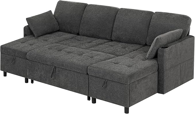 110" Fabric Pull-Out Couch Bed w/Adjustable Backrests, Sectional Sleeper Sofa - Image 7