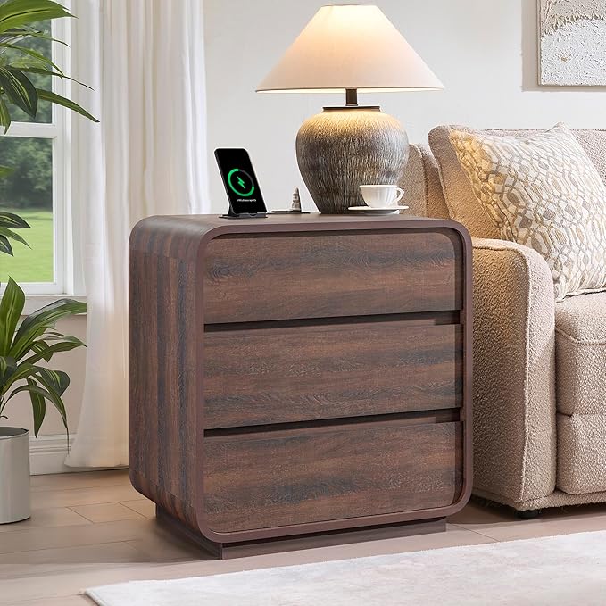 Walnut Curved Nightstand Set of 2, 23.2" Wide Wood Bedside Table - Image 3