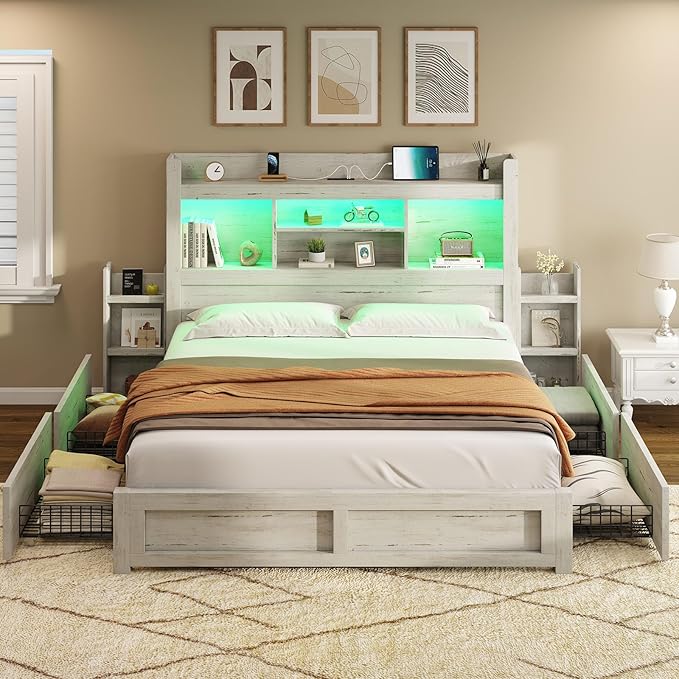 AMERLIFE Queen Bed Frame with 4 Storage Drawer, LED Bed Frame with 49.6" Tall by AMERLIFE