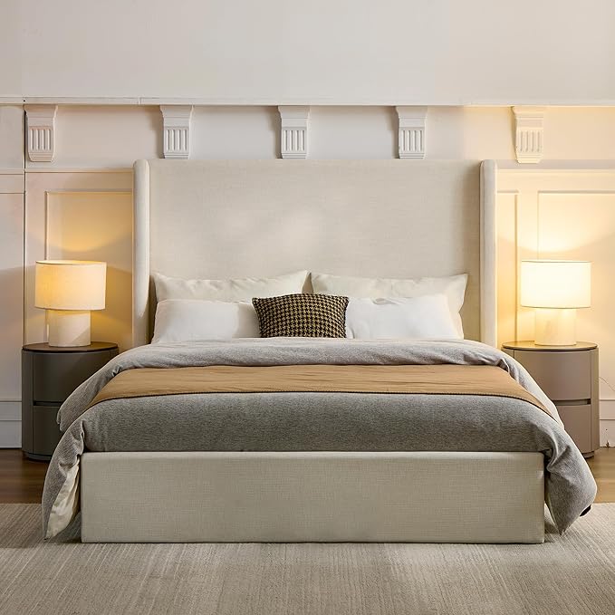Upholstered Bed Frame King Size, 52.3" High Headboard Platform Beds Caron Tall by Unknown