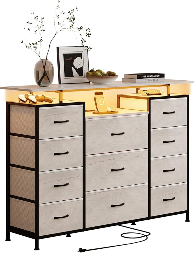 LUMTOK 11 Drawers Dresser with Fabric Drawers, Charging Station, LED Lights and by LUMTOK