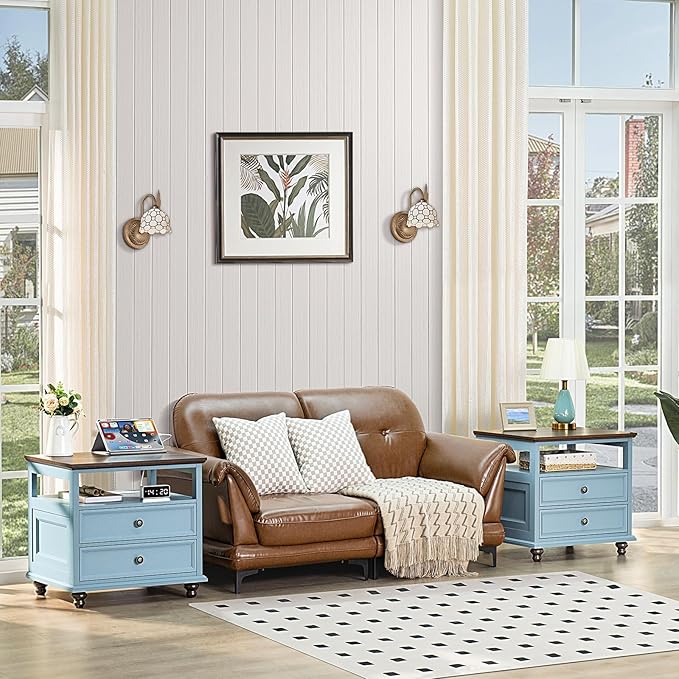 Farmhouse Nightstand with Charging Station, Light Blue Dresser - Image 6