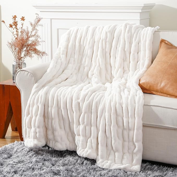 BATTILO HOME Cream Faux Fur Throw Blanket - Image 6