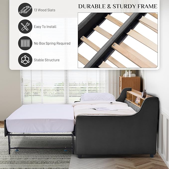 Twin Size Daybed with Pop Up Trundle Bed, Linen Upholstered Day Bed Frame with - Image 5