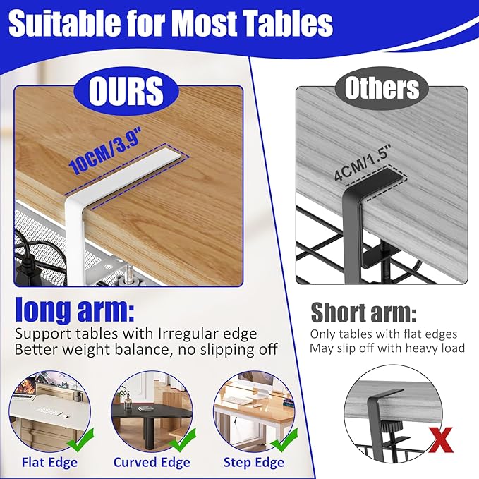 Under Desk Cable Management Tray, Metal Long Arms, No Drill Mesh Wire - Image 2