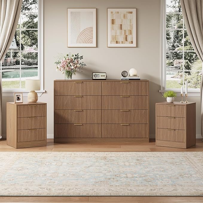 8 Drawer Dresser & 3 Drawer Nightstand Set 3-Piece, Tall Fluted Dresser and by NOVAMAISON