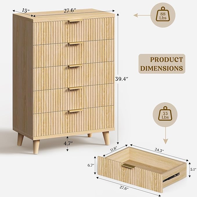 Lulive Dresser for Bedroom Wood Tall Dressers Drawers, Fluted Modern Dresser 5 - Image 2