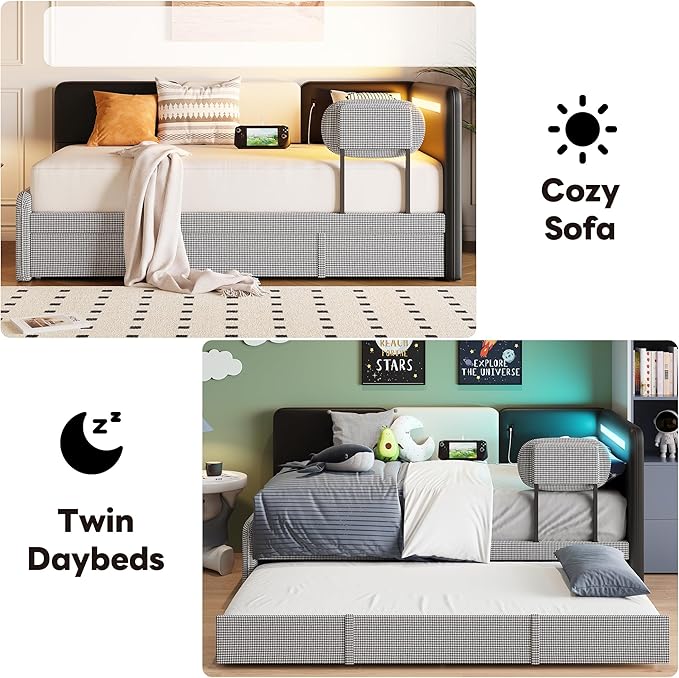LIKIMIO Twin Daybed with Trundle, Day Bed Frame with 2 USB Ports& LED, - Image 3