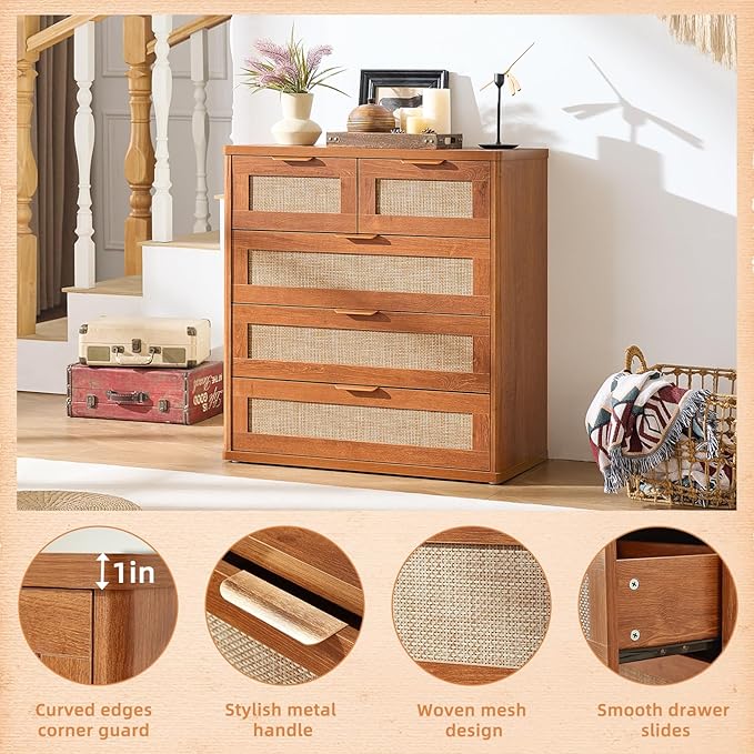 LEYAOYAO Rattan Dresser for Bedroom, 33.5" Tall Chest of Drawers, Modern 5 - Image 7