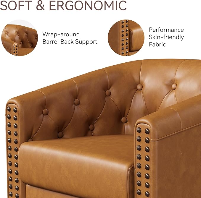 Swivel Barrel Accent Chair, Round Nailhead Faux Leather Living Room Arm Chairs - Image 4