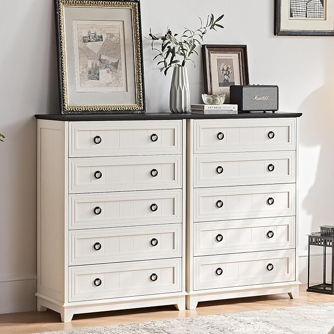 Farmhouse 5 Drawer Dresser for Bedroom Set of 2, Rustic Wood Dresser by Joaxswe