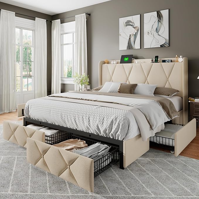 Feonase Queen Bed Frame with 4 Storage Drawers, Upholstered Button Tufted 4" by FEONASE