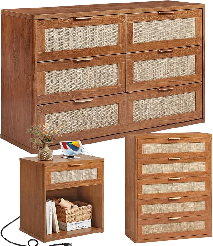 LEYAOYAO Rattan Dresser and Nightstand Set of 3, Boho Wood Dresser by LEYAOYAO-Findtheshiningpointofyourideallife%EF%BC%81
