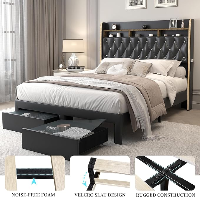 King LED Bed Frame with 2 Storage Drawers, PU Upholstered Platform Beds with - Image 6