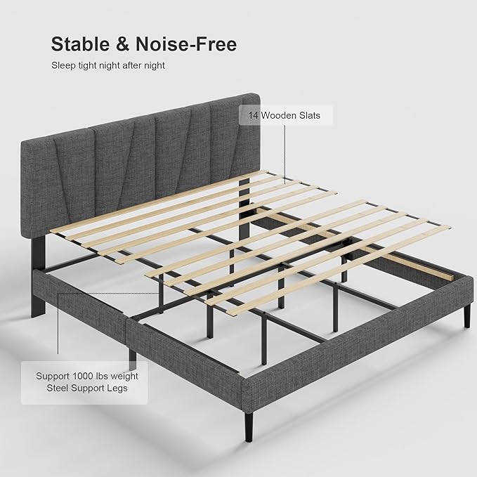 Queen Size Bed Frame with Fabric Upholstered Headboard, Platform Bed with - Image 4
