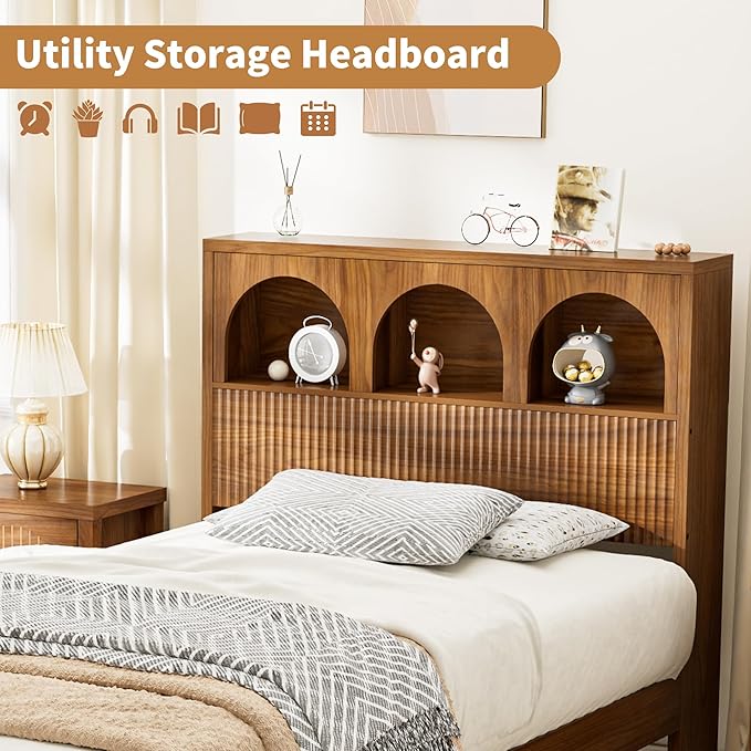 Twin Bed Frame with Wave Headboard, Wooden Headboard with 3 Arched Storage - Image 4