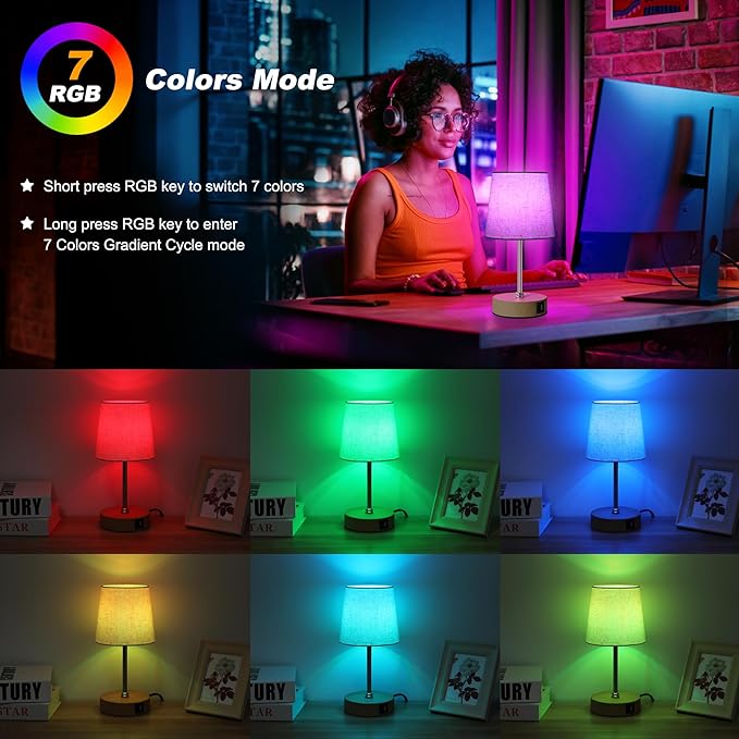 Ascher Small Bedside Table lamp Set of 2, RGB Color Changing Lamps, 3 Color - Image 4
