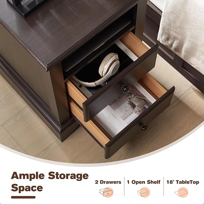 T4TREAM Nightstand with Charging Station, 18 Inch Vintage End Table with 2 - Image 4