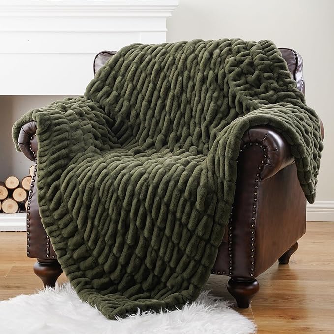 BATTILO HOME Olive Green Faux Fur Throw Blanket - Image 3