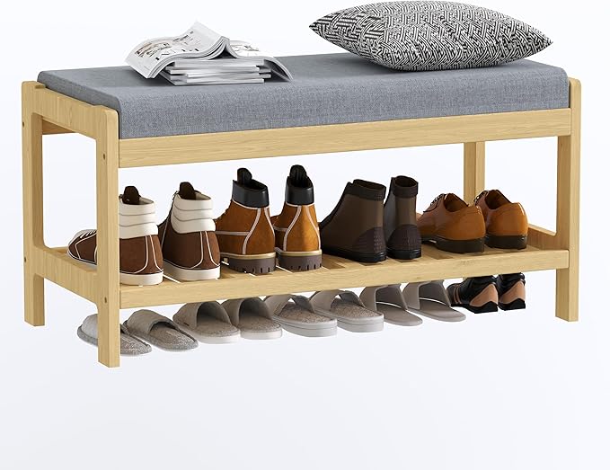 Shoe Bench Entryway, Solid Wood 2-Tier Shoe Rack Bench - Image 11