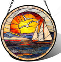 DASTOLL Stained Glass Window Hanging, Sun Ocean Sailboat Seagull Abstract by DASTOLL