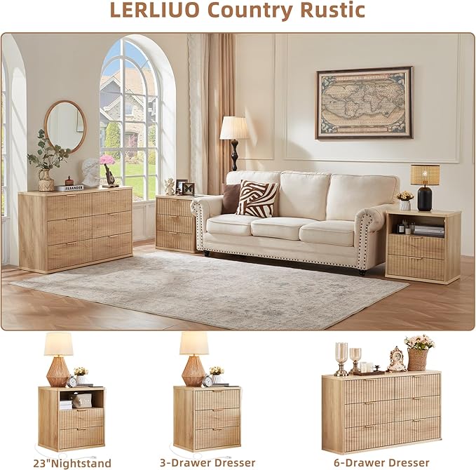 LEYAOYAO Fluted 6 Drawers Dresser Set of 2, Natural Curved Profile Dresser TV - Image 6