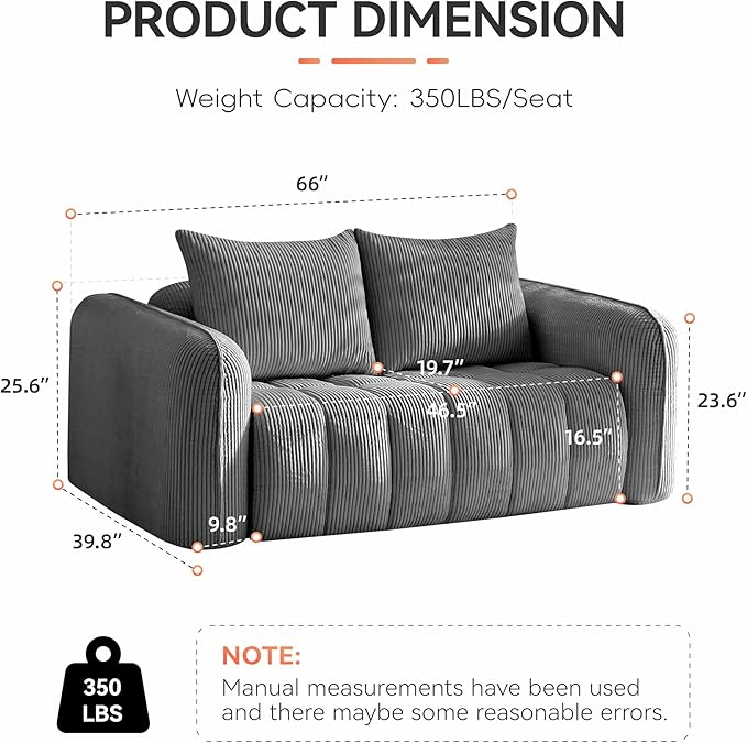 66'' Boneless Corduroy Loveseat Sofa, 2 Seater Tufted Deep Seat Couch - Image 2