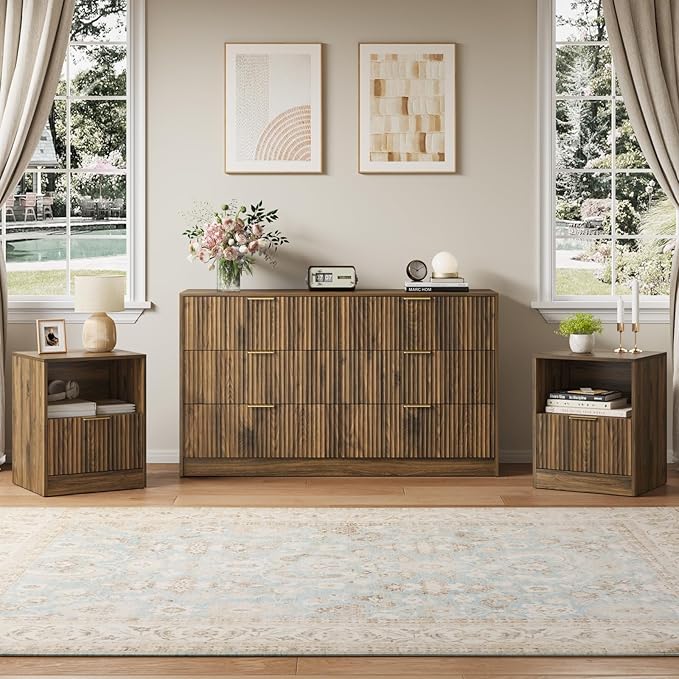6 Drawer Dresser & Nightstand Set 3-Piece, 55” Wide Bedroom Set Night Stand Set by NOVAMAISON