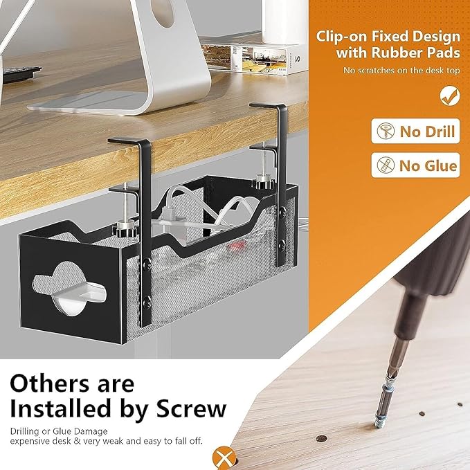 Under Desk Cable Management Tray 15.95", Quszmd Cable Organizer No Drill - Image 3