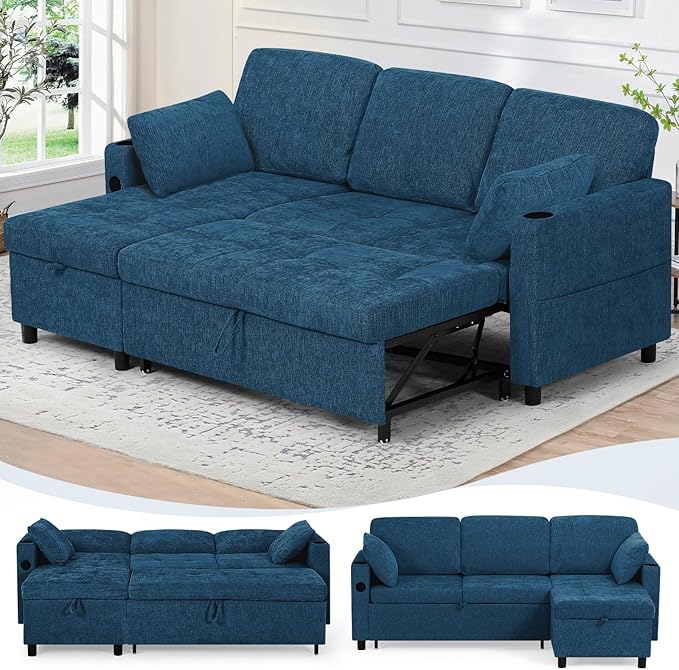 84" Chenille Pull Out Sofa Bed w/Adjustable Backrest, L-Shape Modern Sleeper by LESOFAIR