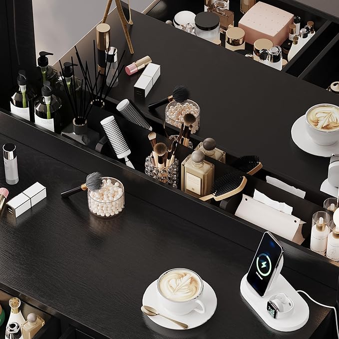 Makeup Vanity with Lights & Charging Station, Bedroom Makeup Dressing Table Set - Image 2